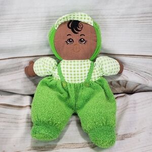 Vintage Lakeshore Green Terrycloth Baby Doll 9.5 Inch Plaid Embroidered